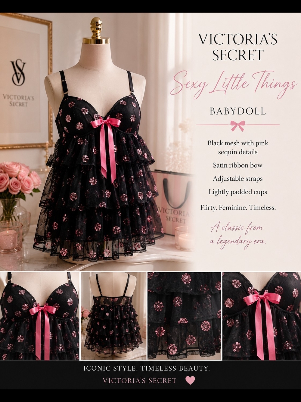Victoria's Secret Sexy Little Things Black & Pink Sequin Babydoll